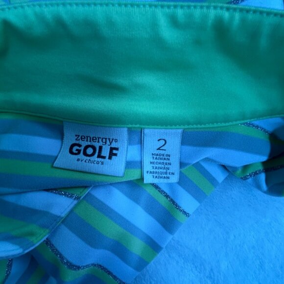 Zenergy Golf By Chico's Striped Short Sleeve 1/4 Zip Polo Shirt Top Size 2 Green - Picture 3 of 8